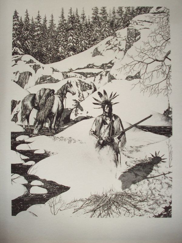 Indian and Fire Pen & Ink Print